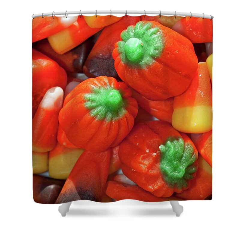 Halloween Shower Curtain featuring the photograph Pumpkins and Candy Corn by Cathy Mahnke