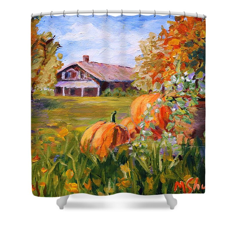 Pumpkins Shower Curtain featuring the painting Pumpkins in the fall. by Madeleine Shulman