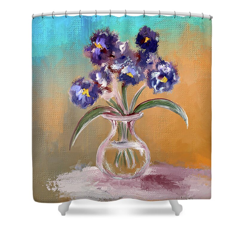 Still Life Shower Curtain featuring the digital art Purple and Blue Pansies In Glass Vase by Lois Bryan