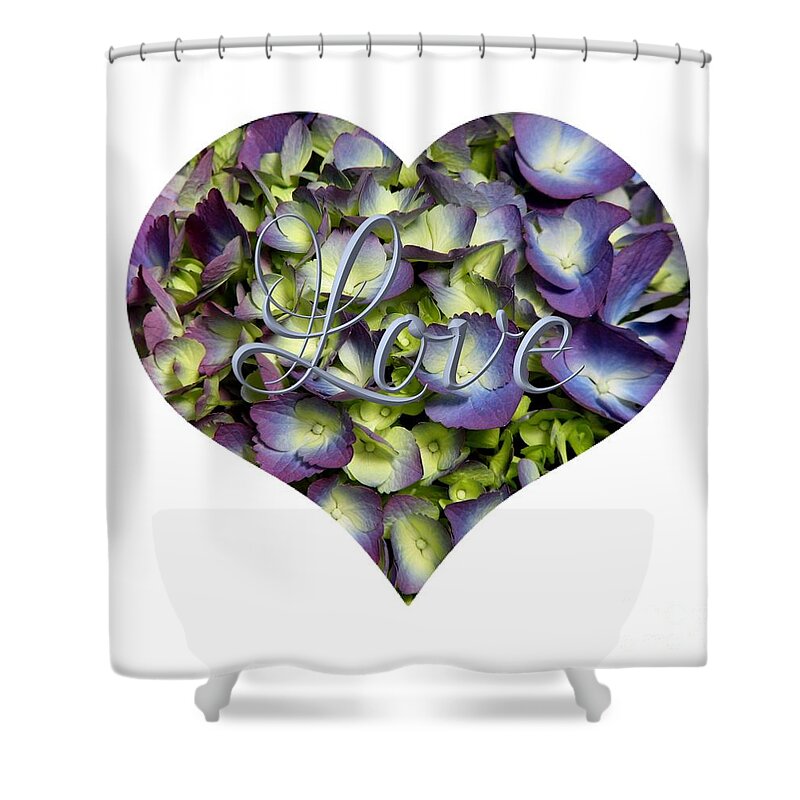 Purple And Cream Hydrangea Flowers Heart With Love Shower Curtain featuring the photograph Purple and Cream Hydrangea Flowers Heart with Love by Rose Santuci-Sofranko