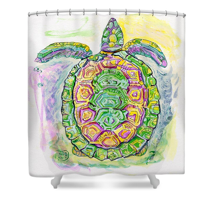 Purple Shower Curtain featuring the painting Purple Blue Yellow Sea Watercolor Series 2 Turtle by Shelly Tschupp