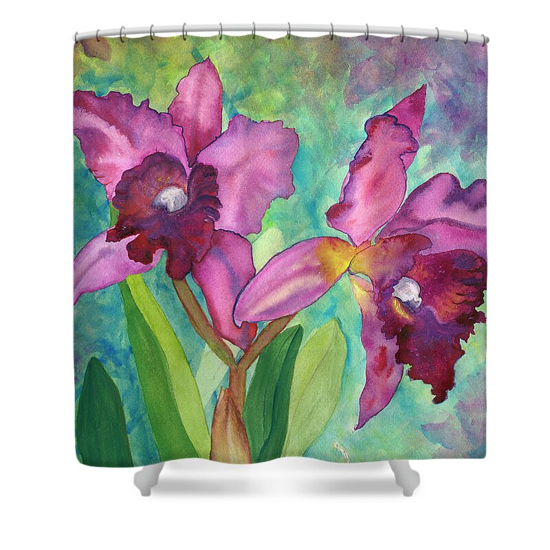  Orchid Shower Curtain featuring the painting Purple Cattleya Orchid by Lisa Debaets