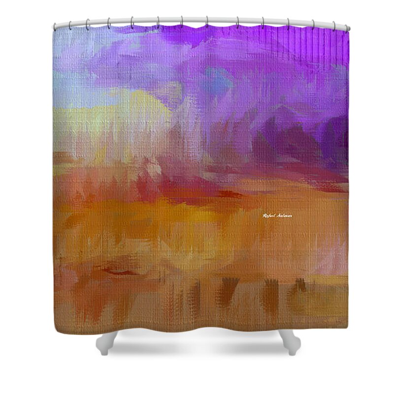 Abstract Shower Curtain featuring the mixed media Purple Horizon by Rafael Salazar