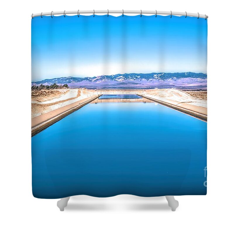 Purple Mountains Majesty; Snowcapped Mountains; California Aqueduct; River; Stream; Creek; Flowing Water; Running Water; Mojave Desert; Mohave Desert; Antelope Valley; Fairmont; Joe Lach; Reflection Shower Curtain featuring the photograph Purple Mountains Majesty by Joe Lach