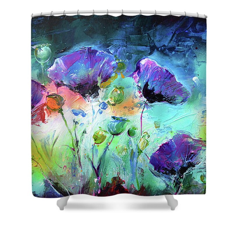 Abstract Shower Curtain featuring the painting Purple Opium Poppy, Poppies Modern Painting by Soos Roxana Gabriela