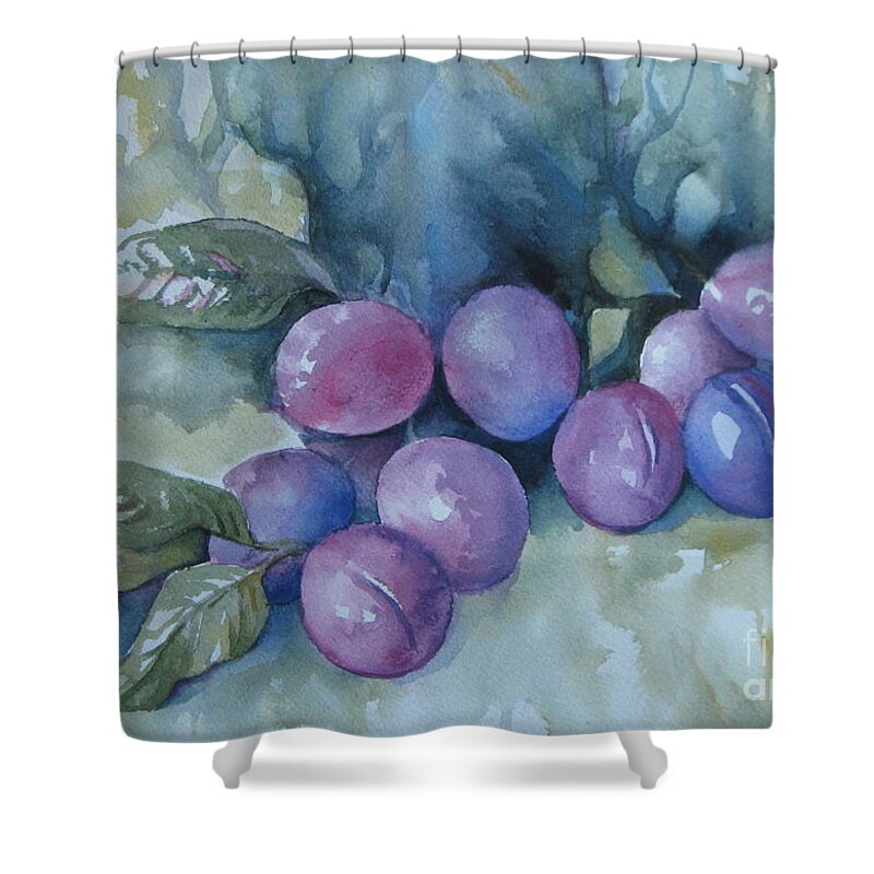 Plums Shower Curtain featuring the painting Purple plums by Elena Oleniuc
