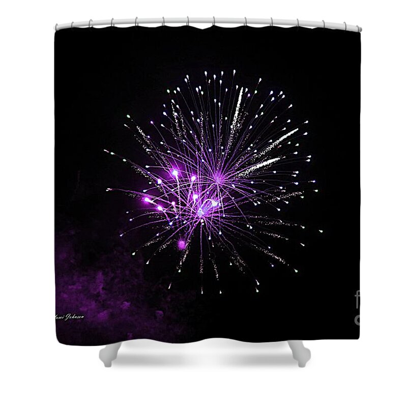 Fireworks Shower Curtain featuring the photograph Purple sparkle in the Sky by Yumi Johnson
