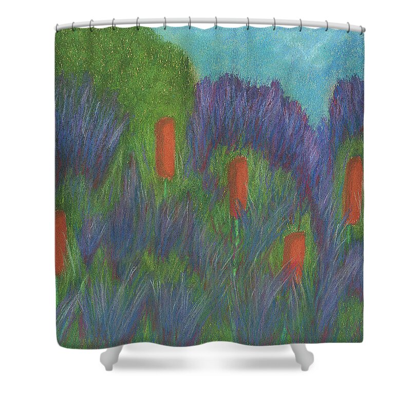 Marsh Shower Curtain featuring the pastel Purple Strife and Cattails by Anne Katzeff