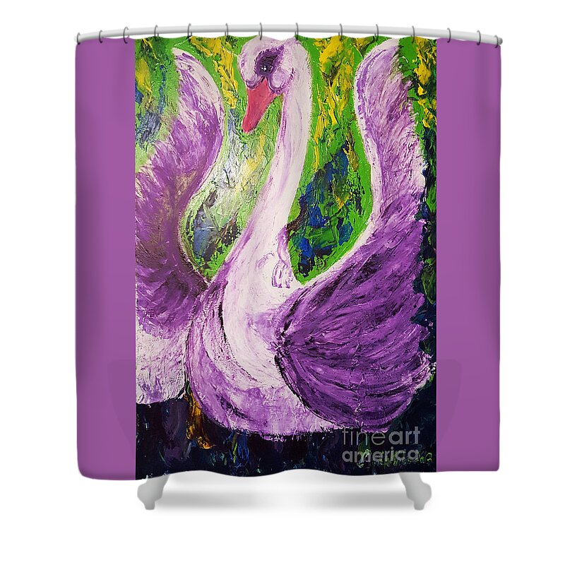 Swan Shower Curtain featuring the painting Purple Swan by Ania Milo