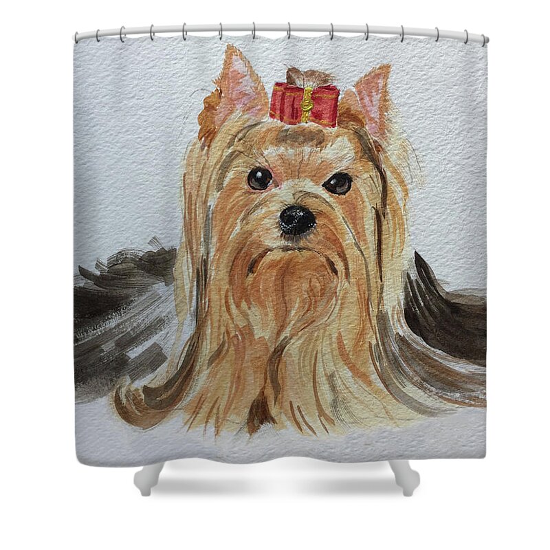 Yorkie Shower Curtain featuring the painting Put A Bow On It by Sonja Jones