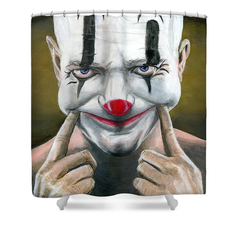 Clown Shower Curtain featuring the painting Put on a Happy Face by Matthew Mezo