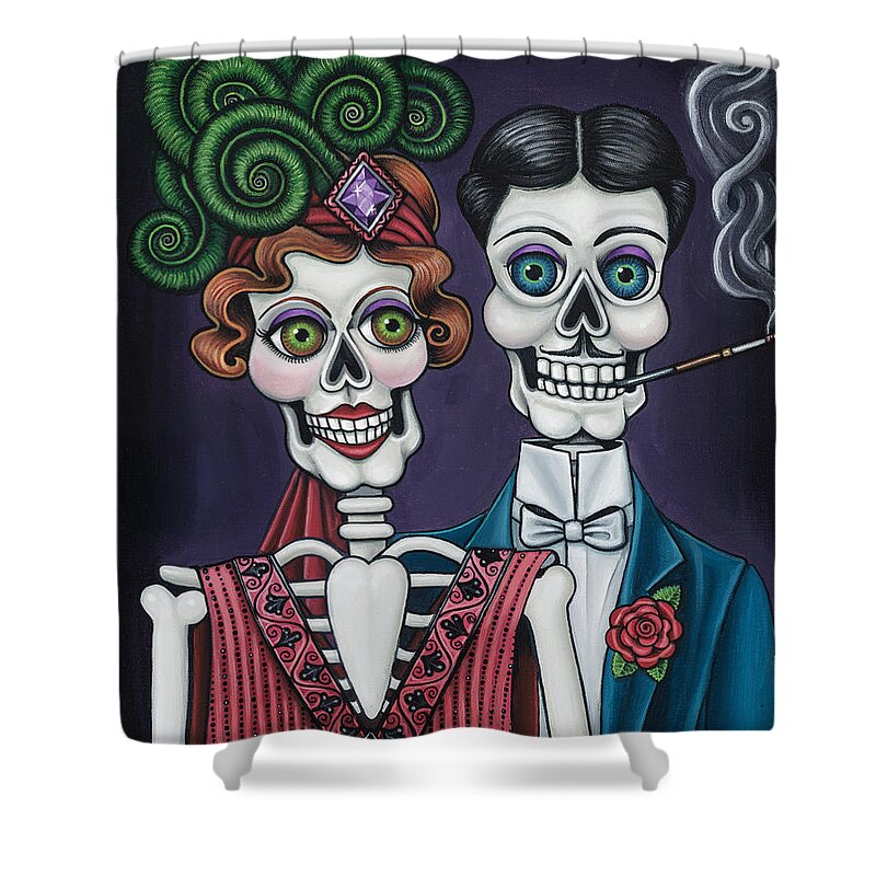 Dia De Los Muertos Shower Curtain featuring the painting Putting On The Ritz by Victoria De Almeida