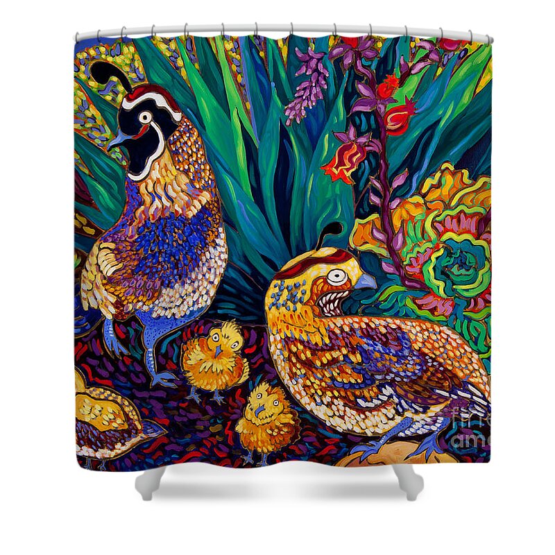 Succulent Shower Curtain featuring the painting Quail Family by Cathy Carey