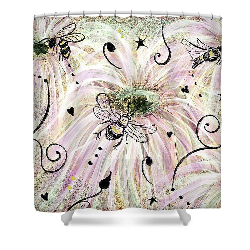 Quantum Honeybees Abstract Shower Curtain featuring the digital art Quantum Honeybees by Laurie's Intuitive