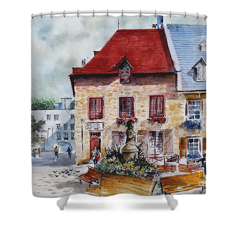 Mid Morning In A Courtyard In Quebec City Shower Curtain featuring the painting Quebec City Flower Boxes by Monte Toon