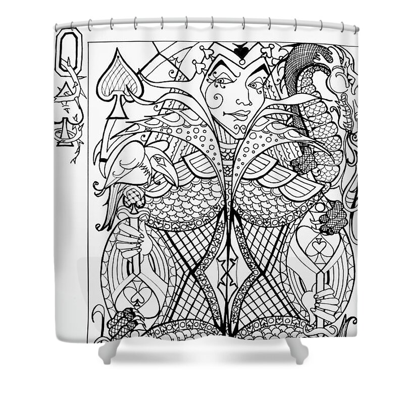 Queen Of Spades Shower Curtain featuring the drawing Queen Of Spades by Jani Freimann