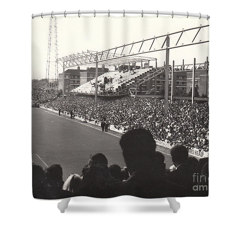  Shower Curtain featuring the photograph Queens Park Rangers - Loftus Road - South Africa Road Stand 1 - September 1968 - BW by Legendary Football Grounds