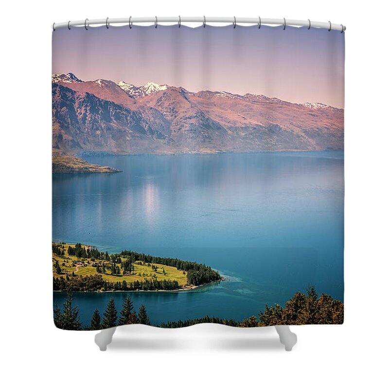 Joan Carroll Shower Curtain featuring the photograph Queenstown New Zealand from Above by Joan Carroll