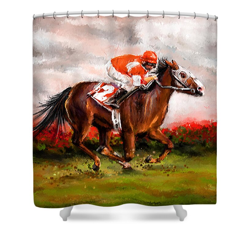 Horse Racing Shower Curtain featuring the painting Quest For The Win - Horse Racing Art by Lourry Legarde