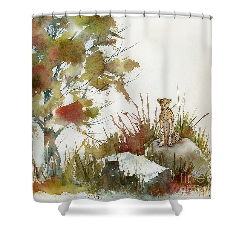 Cheetah Shower Curtain featuring the painting Quiet Watch by Amy Kirkpatrick