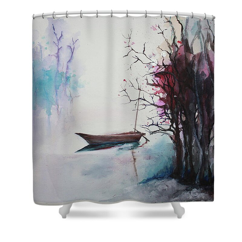 Watercolor Shower Curtain featuring the painting Quiet Waters by Rachel Bochnia