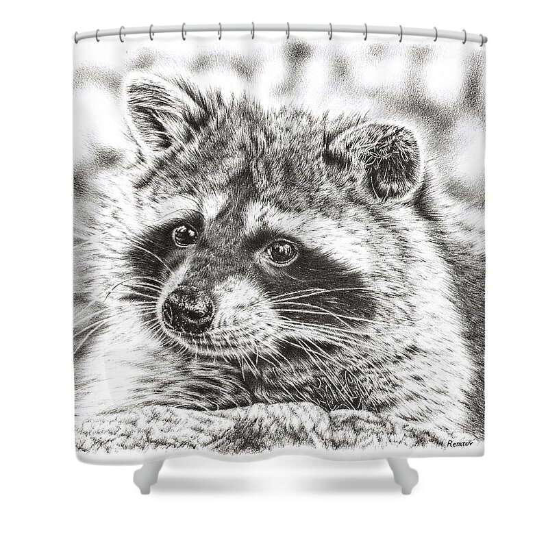 Raccoon Shower Curtain featuring the drawing Raccoon by Casey 'Remrov' Vormer