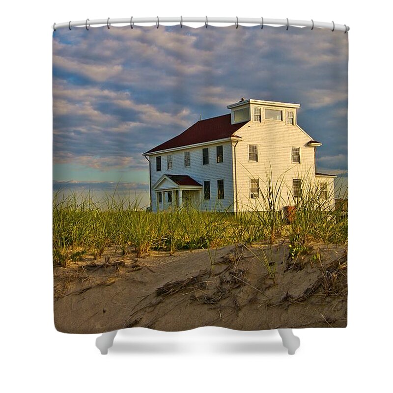 Race Point Beach Shower Curtain featuring the photograph Race Point Beach Coast Guard Station by Marisa Geraghty Photography