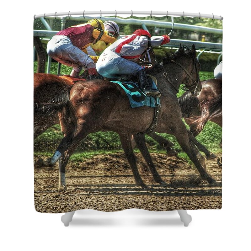 Race Horses Shower Curtain featuring the photograph Racing by Jeffrey PERKINS