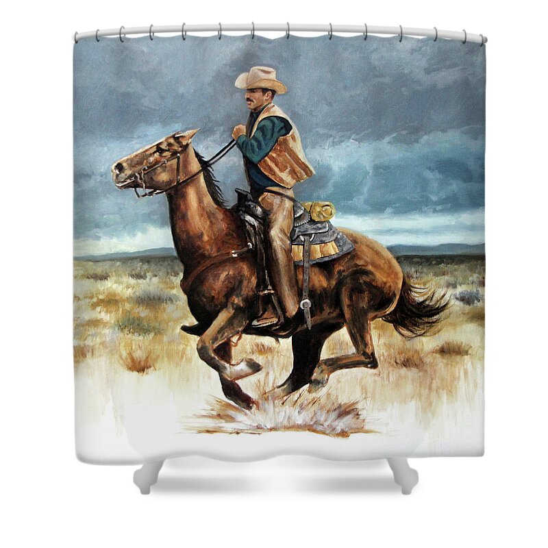 Cowboy Storm Horse Western Shower Curtain featuring the painting Racing the Storm by Murry Whiteman