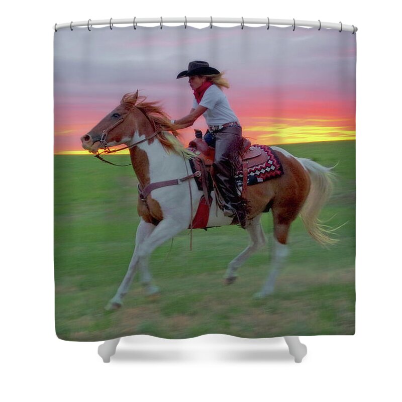Horse Shower Curtain featuring the photograph Racing the Sunset by Amanda Smith
