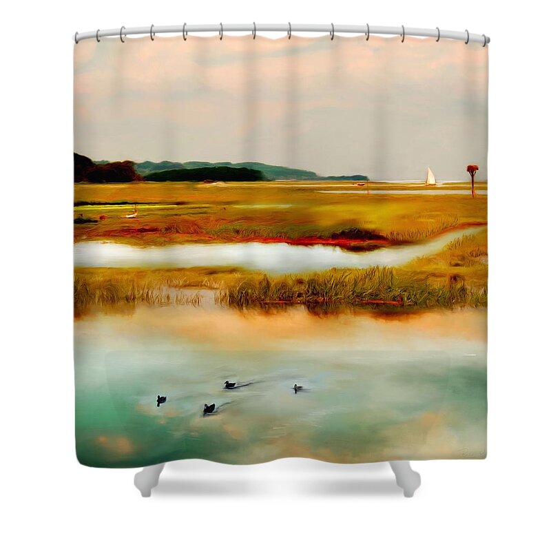 Essex River Shower Curtain featuring the painting Racing the Tide by Sand And Chi