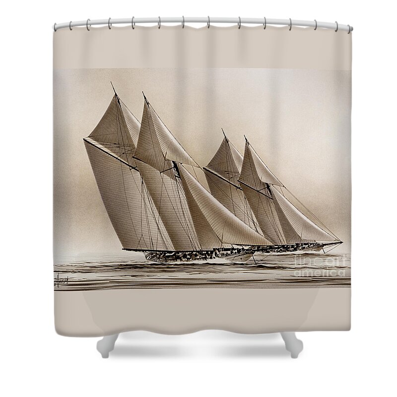 Tall Ship Print Shower Curtain featuring the painting Racing Yachts by James Williamson