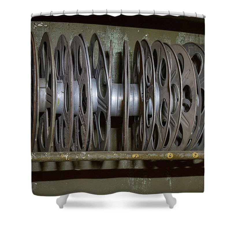 Antique Shower Curtain featuring the photograph Rack of vintage movie reels by Karen Foley