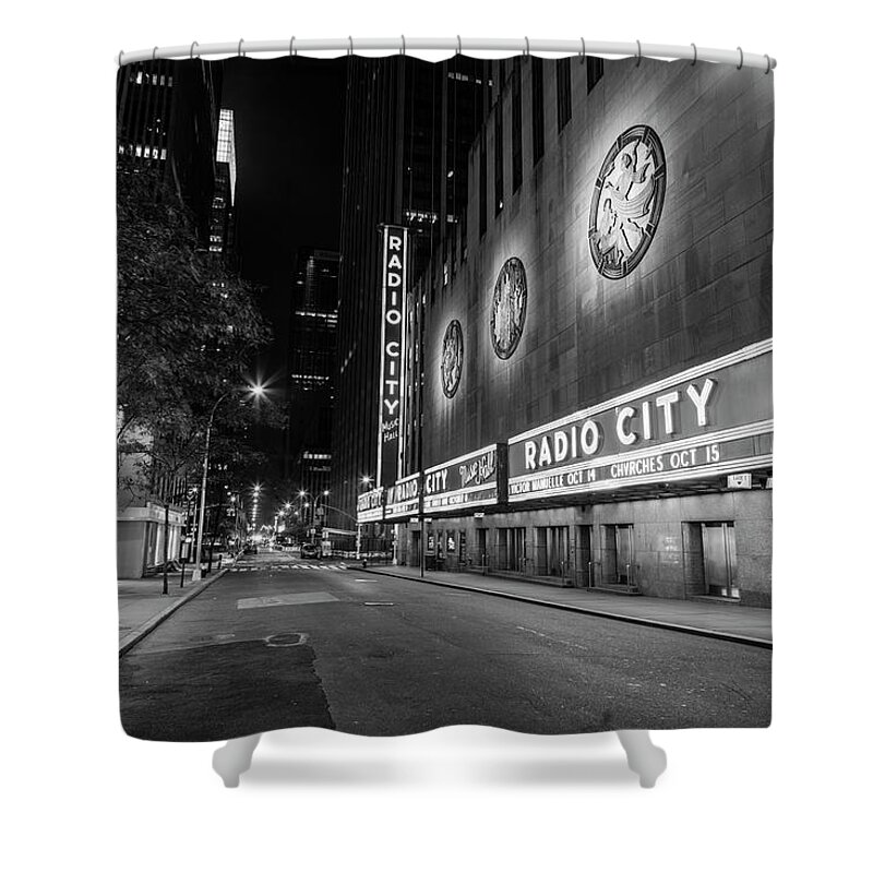 Nyc Shower Curtain featuring the photograph Radio City Music Hall NYC Black and White by John McGraw