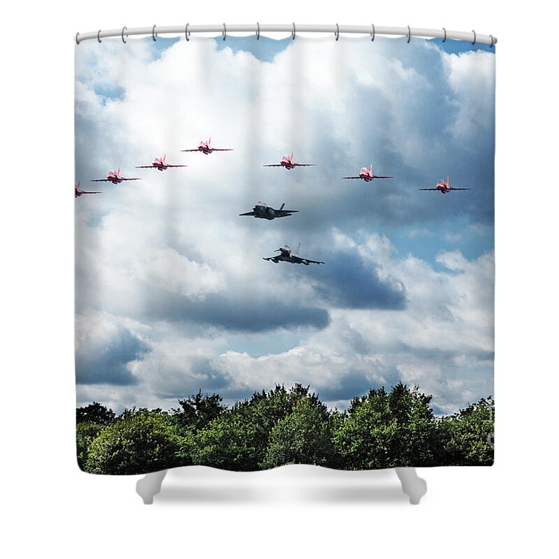 Red Arrows With F35 And Typhoons Shower Curtain featuring the digital art RAF Fly By by Airpower Art