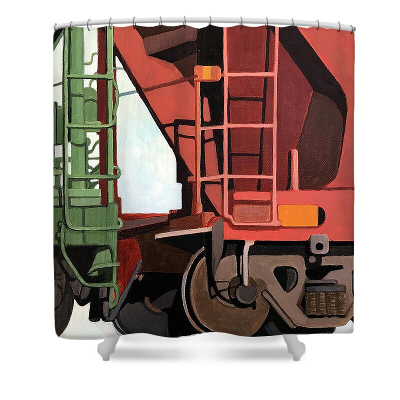 Train Art Shower Curtain featuring the painting Railroad Cars - realistic train oil painting by Linda Apple