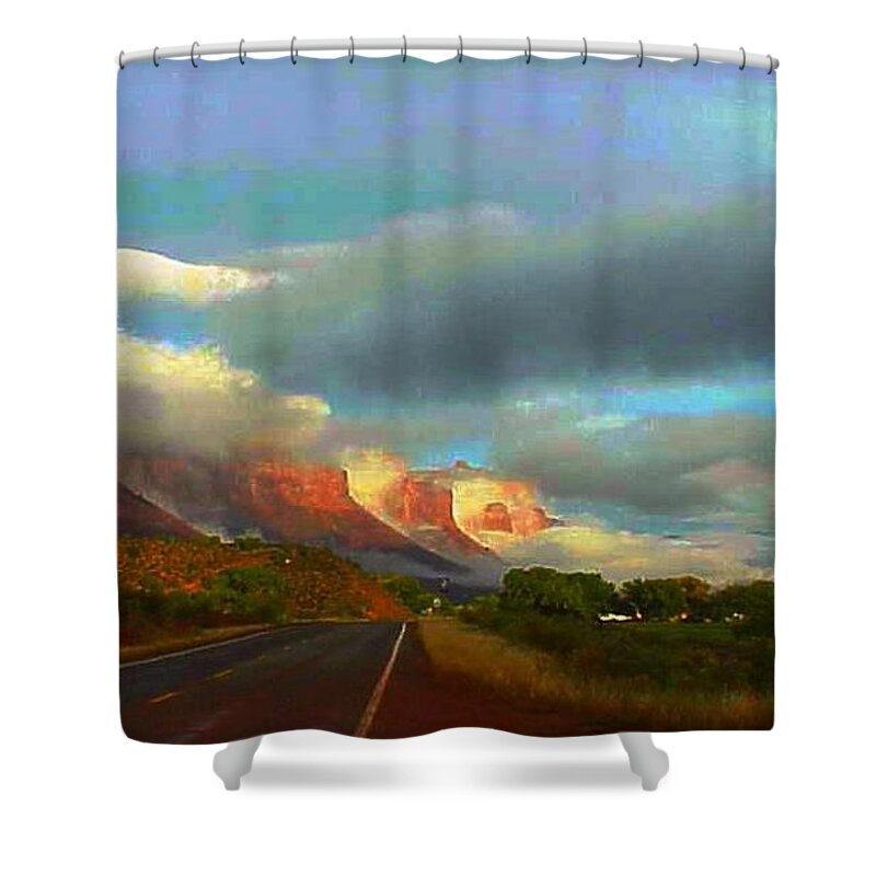 Rain Clouds Retreat Over Canyon Walls Early Morning Gateway Colorado Hwy 141 Colorado Shower Curtain featuring the digital art Rain clouds Retreat by Annie Gibbons