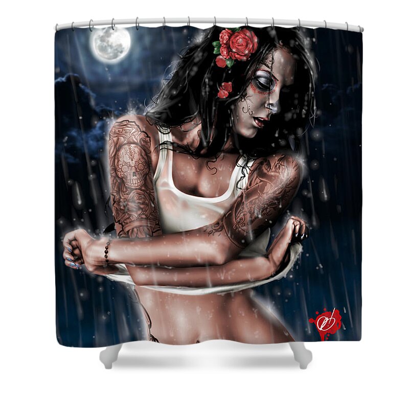 Pete Shower Curtain featuring the painting Rain When I Die by Pete Tapang