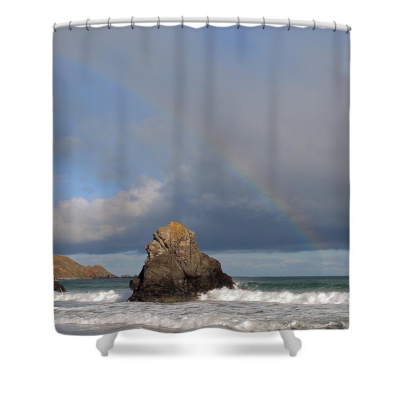 Durness Shower Curtain featuring the photograph Rainbow above Sango Bay Sea Stack by Maria Gaellman