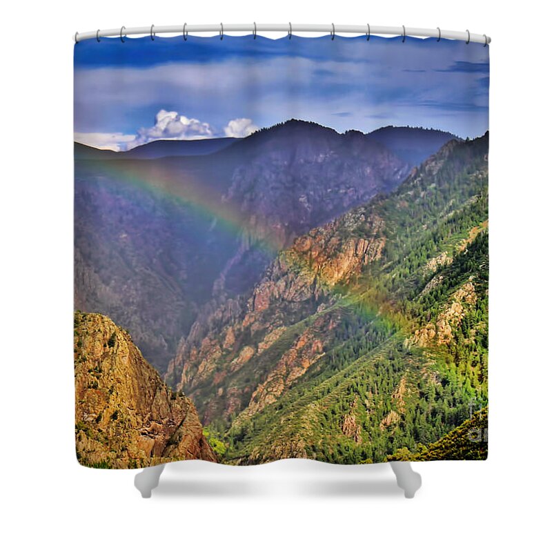 Summer Shower Curtain featuring the photograph Rainbow Across Canyon by Janice Pariza