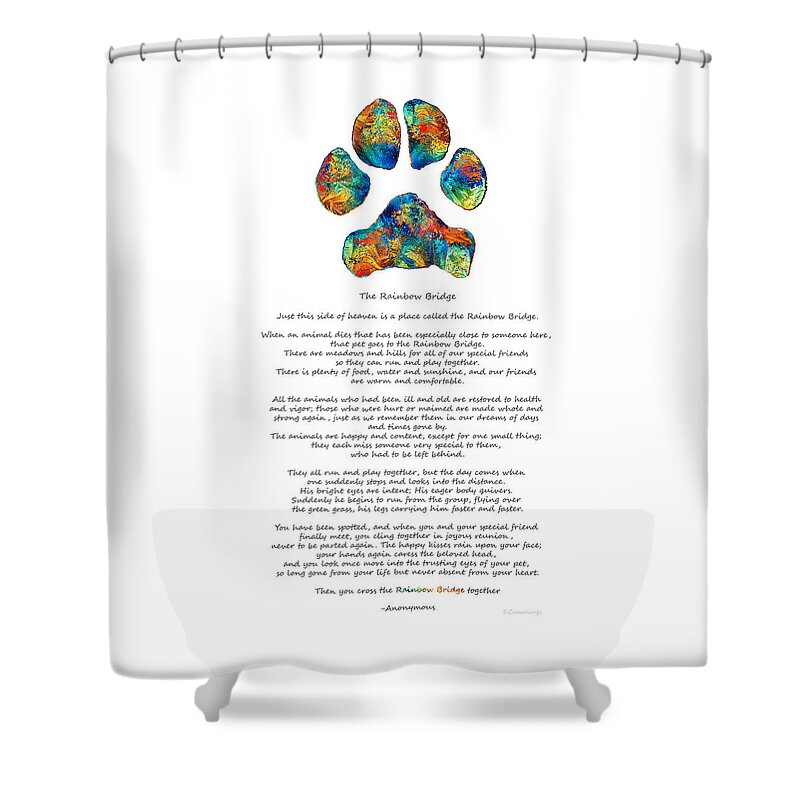 Rainbow Bridge Shower Curtain featuring the painting Rainbow Bridge Poem With Colorful Paw Print by Sharon Cummings by Sharon Cummings