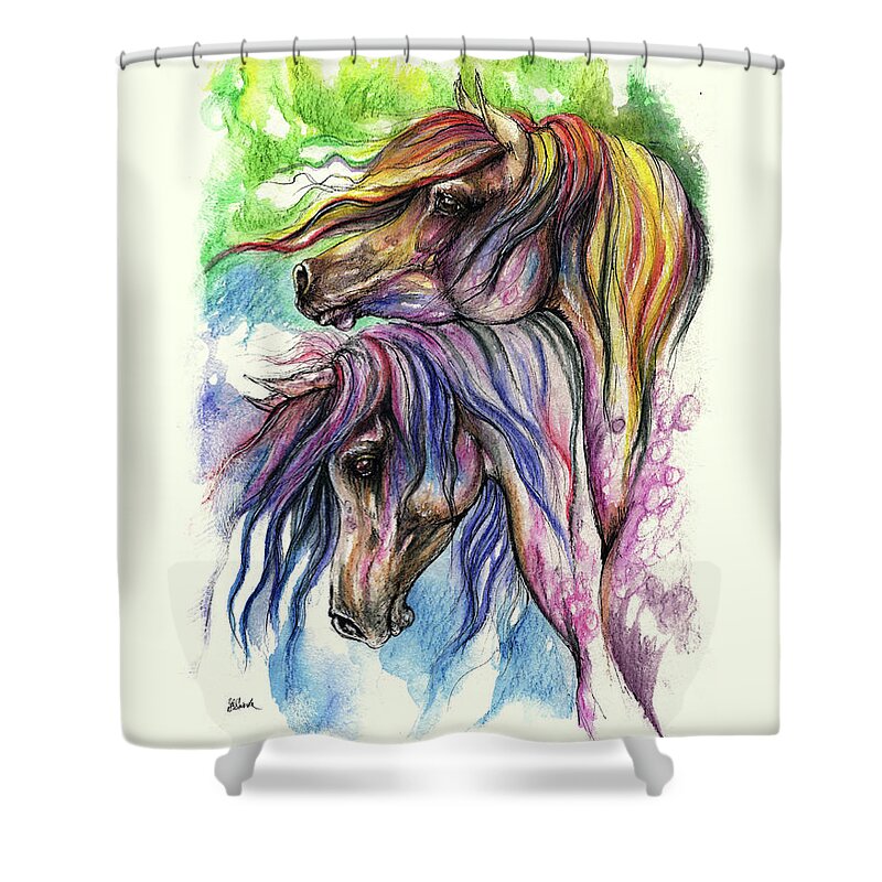 Horse Shower Curtain featuring the painting Rainbow Horses 2016 09 08 by Ang El