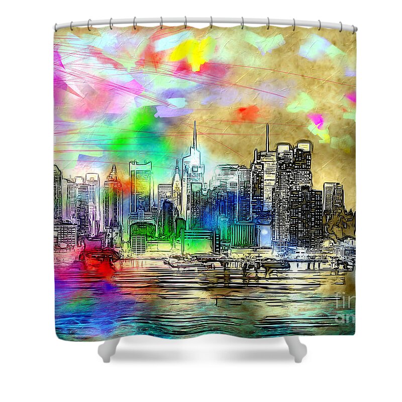 Rainbow Nyc Skyline Shower Curtain featuring the mixed media Rainbow NYC Skyline by Daniel Janda