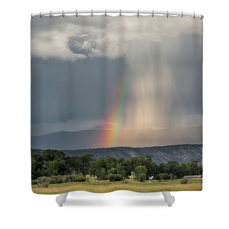Rainbow Shower Curtain featuring the photograph Rainbow Storm Over Log Hill by Denise Bush