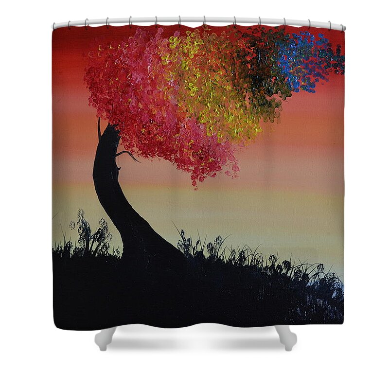 An Abstract Oil Painting Of A Tree Bending In The Wind. The Leaves Are Different Colors To Represent A Rainbow. Shower Curtain featuring the painting Rainbow Tree by Martin Schmidt