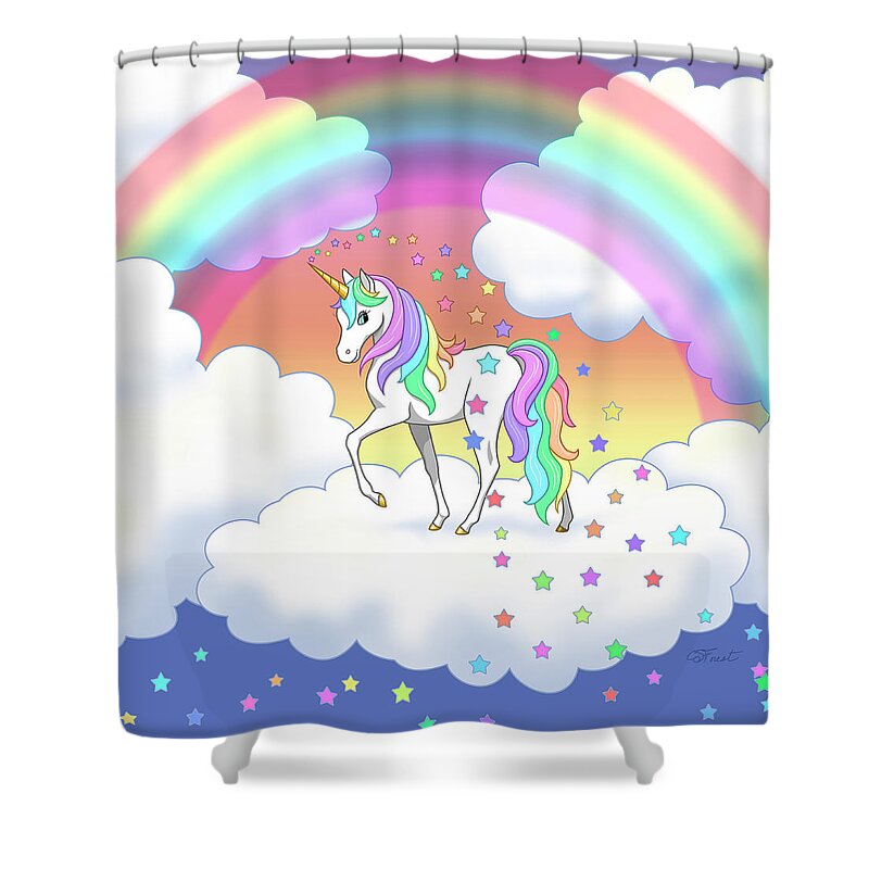 Unicorn Shower Curtain featuring the digital art Rainbow Unicorn Clouds and Stars by Crista Forest