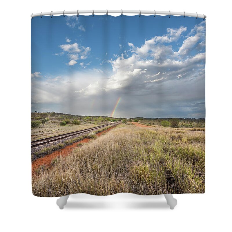 Spring Shower Curtain featuring the photograph Rainbows Over Ghan Tracks by Racheal Christian