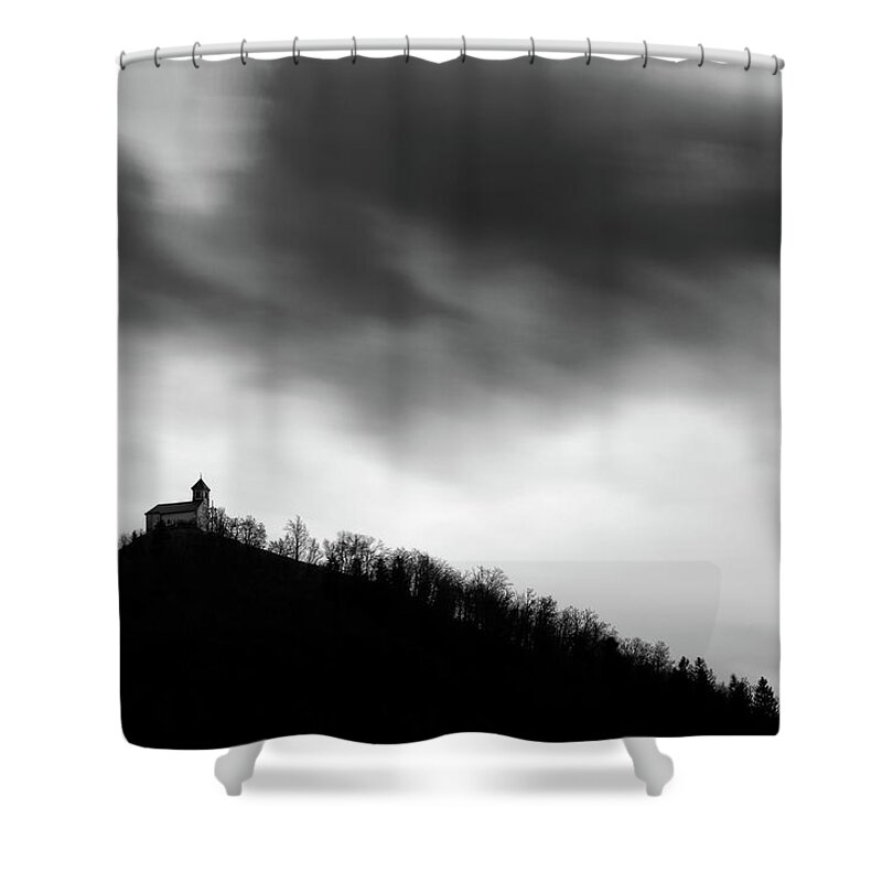 Saint Shower Curtain featuring the photograph Rainclouds over church by Ian Middleton