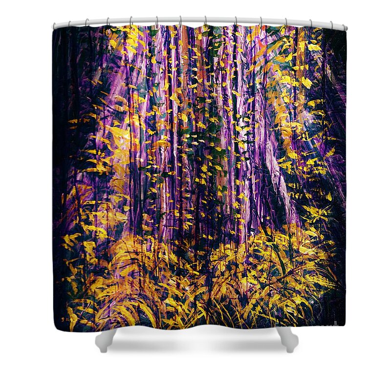 #rainforest #trees #forests #art #artist #beautiful #colorful #expressionism #greenliving #landscape #nature #natureaddict #newartwork #painting #trees Shower Curtain featuring the painting Rainforest by Allison Constantino