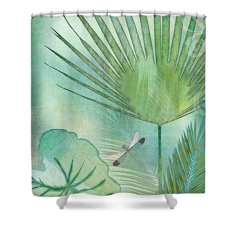 Jungle Shower Curtain featuring the painting Rainforest Tropical - Elephant Ear and Fan Palm Leaves w Botanical Dragonfly by Audrey Jeanne Roberts